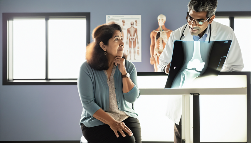Middle-aged Hispanic woman in a medical office examining a knee X-ray showing signs of osteoarthritis, including joint space narrowing and osteophytes. A Hispanic physician points to the image, illustrating the diagnostic process for osteoarthritis and joint degeneration.