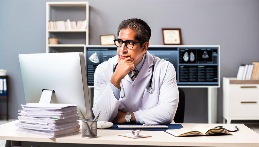 Middle-aged Hispanic physician in a white coat and glasses, seated at a desk in a modern medical office, intently examining a computer screen displaying clinical scales and diagnostic tools for depression, including PHQ-9 and Hamilton scales. The desk is cluttered with open medical books, a stethoscope, and a notepad filled with notes. In the background, a bookshelf filled with medical literature and a framed diploma can be seen. The image conveys a professional atmosphere focused on depression diagnosis and comorbidity assessment through a thorough psychiatric interview.