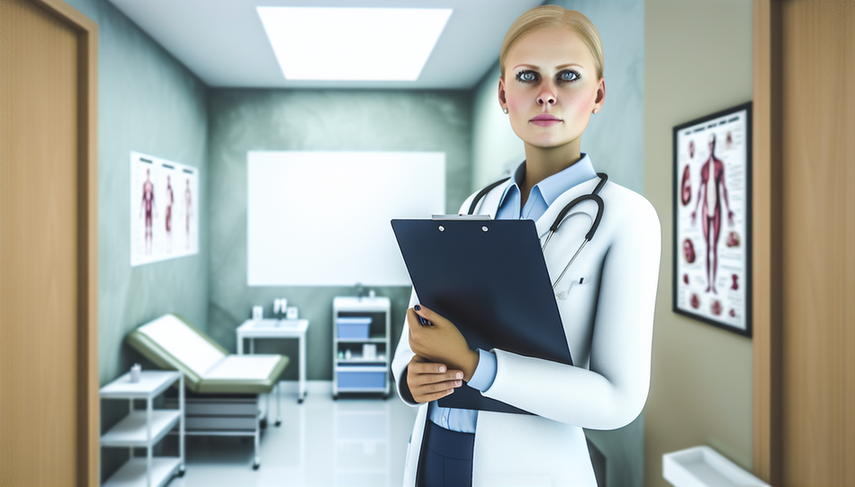 Close-up of a medical examination room. In the center, a Hispanic female patient in her 30s is seated on an examination table with numbered adhesive patches on her forearm, representing a patch test for diagnosing contact dermatitis. In the background, a Hispanic male physician in his 40s reviews the results on a clipboard. The image emphasizes the diagnostic process for identifying contact allergens and irritants in a clinical setting.