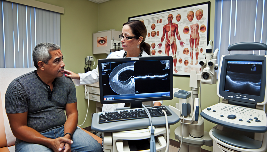 A middle-aged Hispanic patient in an ophthalmologist's office, displaying concern as the Hispanic ophthalmologist explains the results of an ocular examination. The screen shows an OCT scan of the retina with areas of retinal detachment. Nearby, an ultrasound machine suggests its use in diagnosing conditions like torn retina and photopsia. The scene reflects a thorough and attentive medical examination focused on spider vision and patient care.