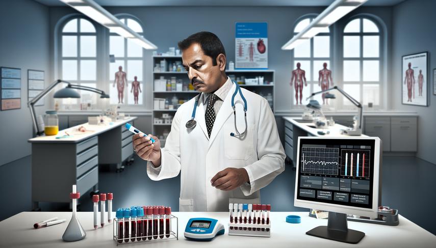 A Hispanic physician in his 40s, wearing a white coat and stethoscope, carefully examines a blood sample in a test tube in a modern medical laboratory. On the table, there is a glucometer and a computer displaying a graph of blood glucose levels. In the background, shelves with medical supplies and a poster outlining the diagnostic criteria for type 2 diabetes are visible. The image conveys a focused and professional environment for medical research and diagnosis, emphasizing the importance of fasting blood glucose, HbA1c, glucose tolerance, and risk factors in type 2 diabetes diagnosis.