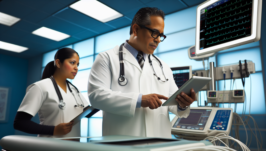 A Hispanic doctor in his 40s, wearing a white coat and stethoscope, analyzes a digital electrocardiogram on a tablet in a modern hospital room. Next to him, a Hispanic nurse in her 30s holds a clipboard, ready to assist. The smart ECG monitor displays a detailed electrocardiogram, emphasizing the role of advanced electrocardiogram technology and cardiological machine learning in arrhythmia diagnosis.