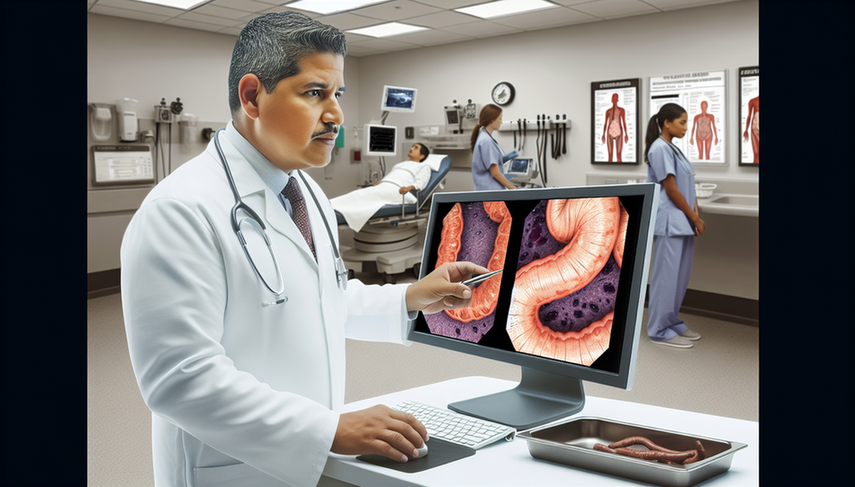 Forty-year-old Hispanic doctor reviewing endoscopic images on a computer screen, displaying typical intestinal inflammation associated with IBD diagnosis, including transmural inflammation and granulomas indicative of Crohn's disease and ulcerative colitis, while a nurse prepares biopsy samples in a modern hospital setting.