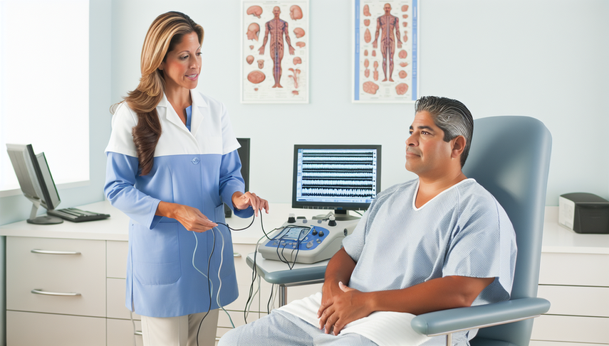 Paciente hispano de mediana edad en una clínica de neurología, escuchando a una neuróloga que le explica el procedimiento de electromiografía (EMG) para el diagnóstico de Esclerosis Lateral Amiotrófica (ELA). La pantalla del EMG muestra formas de onda, y el entorno refleja un enfoque profesional y colaborativo en el proceso diagnóstico.