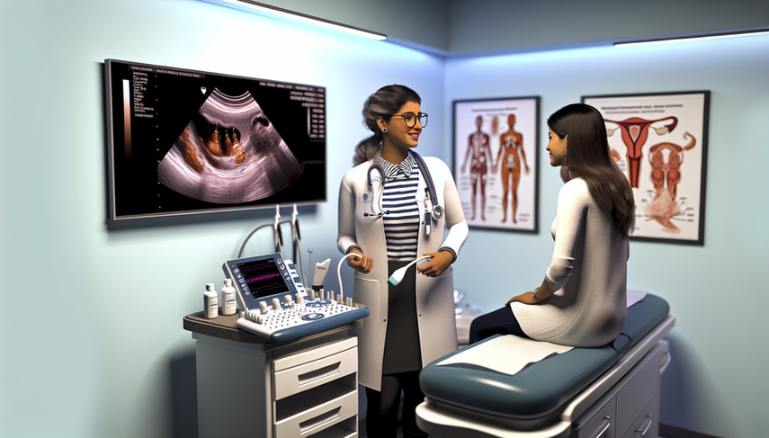 En una clínica moderna, una doctora hispana con bata blanca y estetoscopio explica el uso de un ecógrafo transvaginal a una paciente joven hispana en una camilla. En el fondo, un monitor muestra una imagen de ecografía del área pélvica, destacando el útero. Junto al monitor, un gráfico de niveles de β-hCG es visible. La escena refleja un entorno profesional y acogedor, centrado en el diagnóstico preciso y el cuidado del paciente.