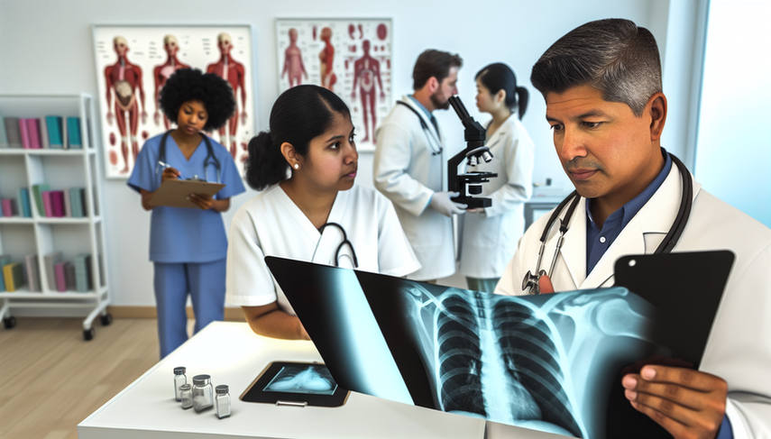 A diverse group of healthcare professionals in a modern medical setting. In the foreground, a Hispanic physician in his 40s carefully examines a chest X-ray on a view box, while an African American nurse takes notes on a clipboard. In the background, a young Asian doctor observes through a microscope. The image conveys professionalism and teamwork, making it ideal for illustrating an article on pneumococcal disease diagnosis, including lobar pneumonia, meningitis, and otitis caused by Streptococcus pneumoniae, with a focus on CSF culture and serotype identification.