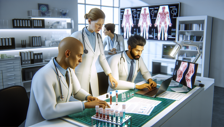 A diverse group of physicians in a modern laboratory examining serological results and classification criteria for autoimmune diseases such as lupus and Sjögren's syndrome. The image features a Hispanic female doctor, an Asian male doctor, and an African American female doctor collaborating around a table with medical equipment and a laptop displaying data. The professional environment emphasizes the importance of accurate lupus diagnosis, including the role of ANA antibodies, anti-dsDNA, and anti-SSA antibodies in assessing multi-organ involvement.