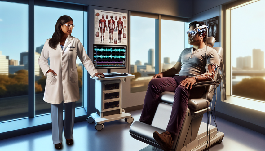 Modern medical examination room focused on neuromuscular diseases diagnosis. A Hispanic male patient in his 40s is connected to an advanced electromyography (EMG) machine with digital screens displaying graphs and data. A Hispanic female doctor in her 50s analyzes the results on a tablet, emphasizing the role of smart electromyography and artificial intelligence in rapid diagnosis and neurological prognosis.