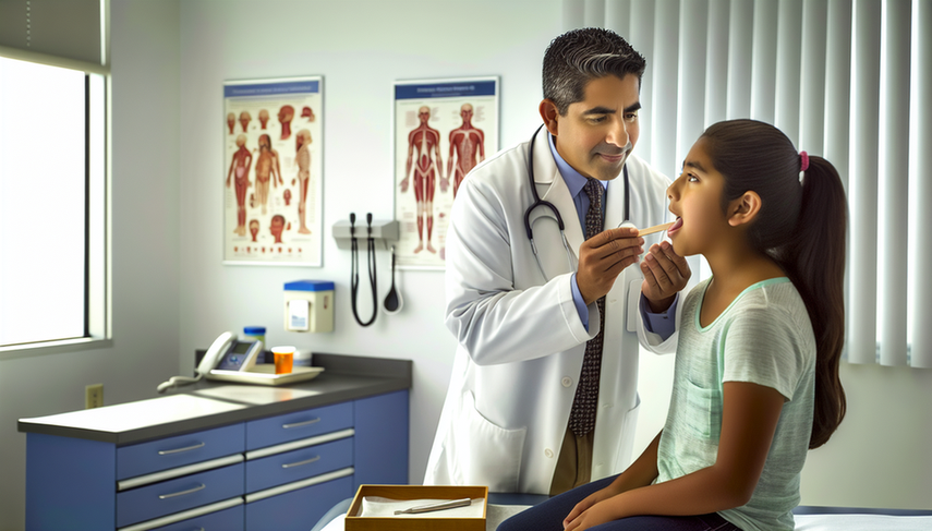 A Hispanic physician in his 40s examines the throat of a Hispanic adolescent in a medical examination room. He uses a tongue depressor and a flashlight to assess the patient's mouth, looking for signs of pharyngitis diagnosis and pharyngeal redness. In the background, there are medical posters on throat anatomy and a shelf with medical supplies, including a box of 'Rapid Streptococcal Antigen Test.' The scene conveys a professional and trustworthy atmosphere, highlighting the importance of evaluating odynophagia in patients.