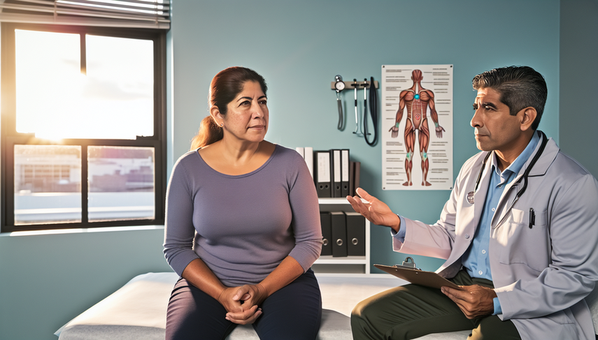 A middle-aged Hispanic woman in a medical office, attentively listening as her Hispanic doctor explains the trigger points associated with fibromyalgia diagnosis using a human body diagram. The professional and warm environment reflects trust and understanding, emphasizing the ACR criteria for diffuse chronic pain and fatigue.