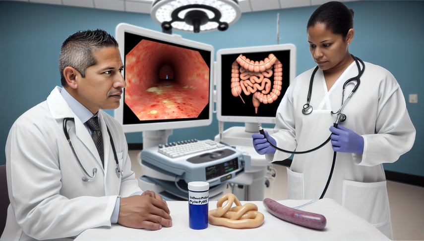 Un médico hispano de unos 40 años, con bata blanca y estetoscopio, observa atentamente una pantalla de computadora que muestra imágenes endoscópicas del estómago, destacando inflamación gástrica. A su lado, una enfermera hispana sostiene un contenedor de muestra para prueba de Helicobacter pylori. El entorno es una sala de endoscopia moderna y ordenada, reflejando un ambiente profesional y enfocado en el diagnóstico de gastritis.