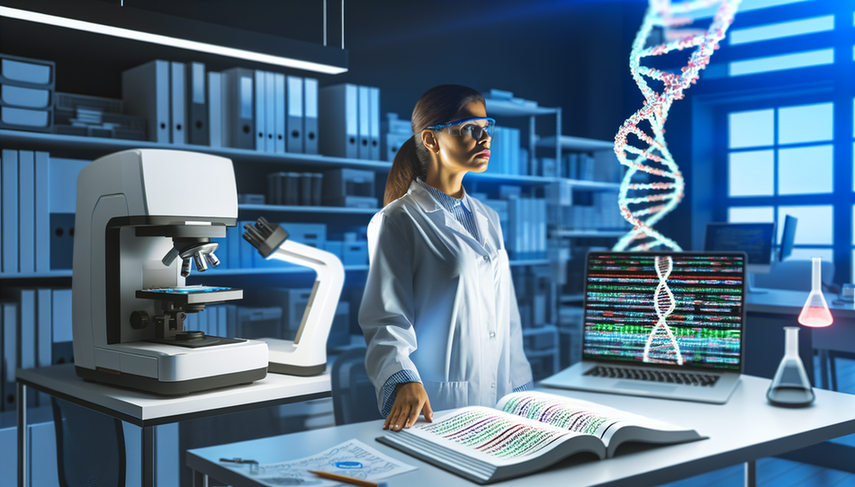 Una científica hispana en sus 30s, con bata de laboratorio y gafas de seguridad, examina una máquina de secuenciación de ADN en un laboratorio moderno centrado en la investigación genética. En la mesa cercana, hay cuadernos abiertos con diagramas genéticos y una laptop mostrando una secuencia genómica. El entorno refleja innovación y tecnología avanzada en medicina de precisión.