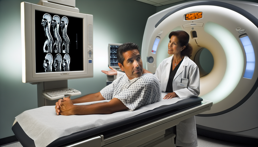 Paciente hispano de mediana edad en una sala de radiología moderna, recostado en una camilla y usando una bata de hospital. Una radióloga hispana le muestra una imagen de resonancia magnética en la pantalla, destacando una hernia discal lumbar. El ambiente es profesional, subrayando la importancia del diagnóstico preciso de la hernia discal y la compresión nerviosa.