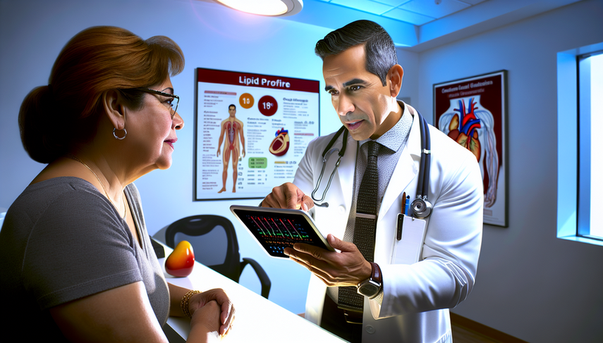 Consulta médica en una clínica moderna donde un médico hispano de unos 40 años, con bata blanca y estetoscopio, explica a una paciente hispana de unos 50 años un gráfico de perfil lipídico en una tableta. La paciente, vestida de manera casual, muestra interés y preocupación. En el fondo, hay carteles médicos sobre salud cardíaca y colesterol.