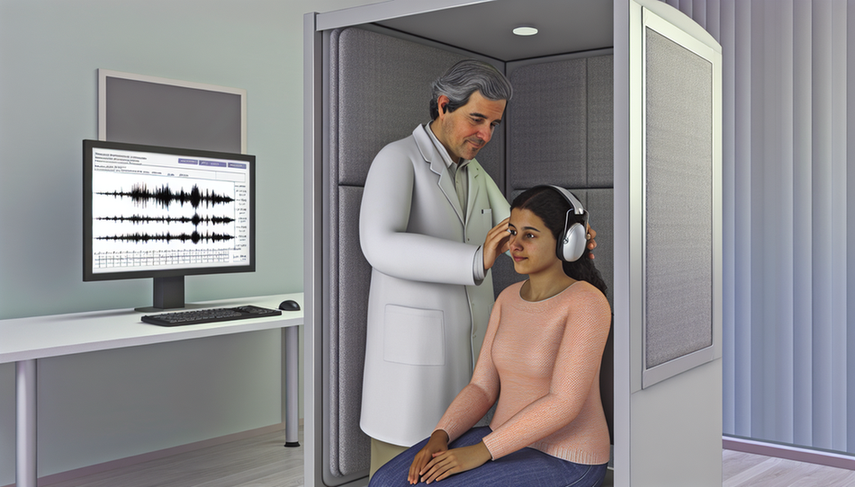 A middle-aged Hispanic audiologist fitting headphones on a young patient in a soundproof booth at an audiology clinic in Spain. In the background, a computer screen displays an audiogram. The image conveys a professional and welcoming environment, perfect for hearing loss diagnosis, including audiometry and otoscopy assessments.