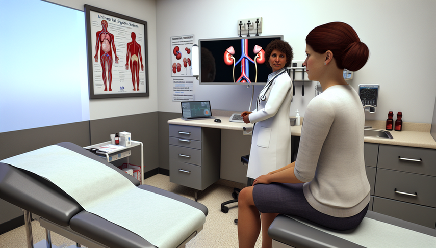Medical consultation in a modern clinic: a Hispanic female doctor in her 40s explains to a Hispanic female patient in her 30s about urinary tract infection diagnosis, including dysuria and urinary urgency. On the screen, an illustration of the urinary system highlighting the kidneys, ureters, bladder, and urethra. The professional and calm environment emphasizes the importance of doctor-patient communication, crucial for accurate urine culture and differentiation of pyelonephritis, particularly in cases involving E. coli.