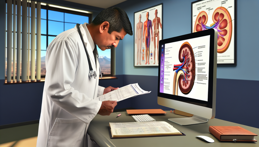 Un médico hispano de unos 40 años, con bata blanca y estetoscopio, revisa atentamente un gráfico de pruebas de función renal en un consultorio médico moderno. En el fondo, una pantalla de computadora muestra un diagrama detallado de los riñones humanos, relevante para la enfermedad renal crónica. El entorno refleja profesionalismo y experiencia en el diagnóstico de insuficiencia renal crónica.
