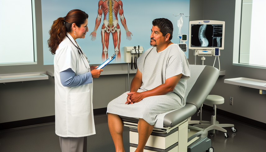 Middle-aged Hispanic patient in a medical consultation, sitting on an examination table, discussing lumbar pain diagnosis with a Hispanic doctor. The doctor, wearing a white coat and stethoscope, holds a clipboard. On the wall, an anatomical chart of the spine and an X-ray viewer displaying a clear image of the lumbar spine, highlighting potential disc herniation. The professional environment emphasizes the importance of a thorough neurological examination for mechanical low back pain.