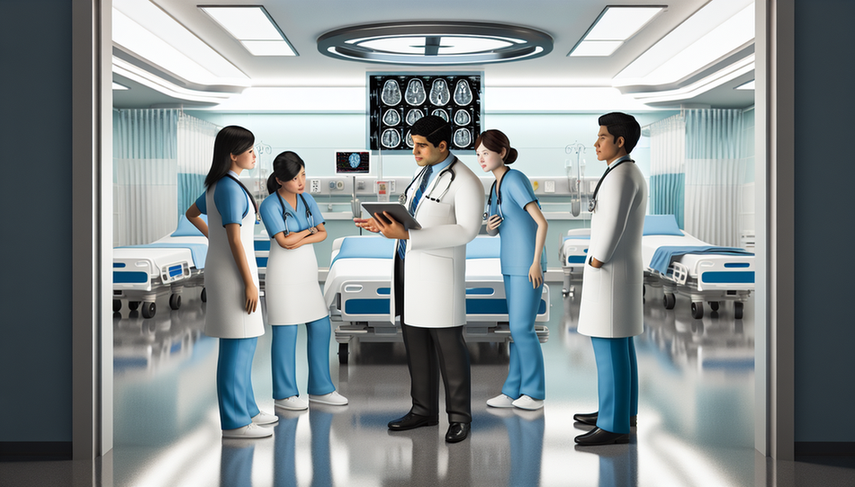 Un grupo diverso de profesionales de la salud, incluyendo un médico hispano y una enfermera asiática, discuten un escaneo cerebral en una tableta digital en un hospital moderno. La escena refleja un entorno colaborativo y dedicado al diagnóstico de la meningitis meningocócica, con énfasis en la atención al paciente.