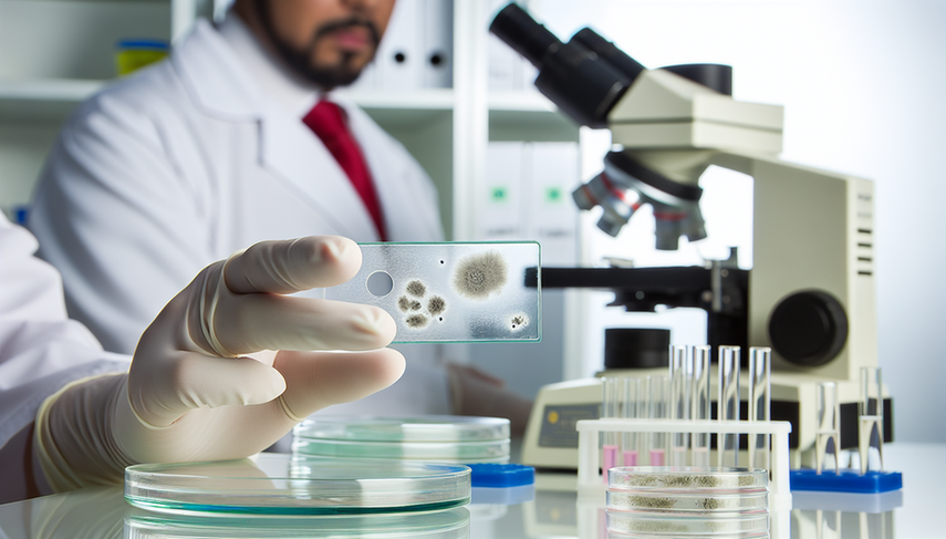 Close-up of a laboratory conducting fungal diagnosis. Gloved hands hold a prepared slide for KOH examination under a microscope. In the background, a laboratory technician observes attentively. The table features mycological cultures and books on dermatophytes, highlighting the importance of accurate diagnosis in conditions like ringworm and onychomycosis.