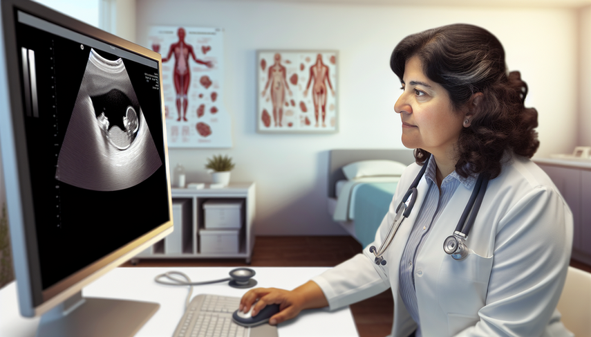 Hispanic female doctor in a professional medical setting, examining a transvaginal ultrasound image on a computer screen that displays uterine fibroids. The doctor has a focused expression, emphasizing the importance of accurate diagnosis of uterine fibroids and metrorrhagia. In the background, a medical office with books and a model of the female reproductive system, relevant to the FIGO classification.