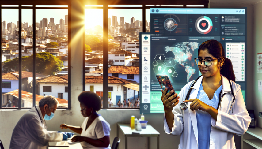 Urban clinic in a Latin American city featuring diverse healthcare professionals and patients. A young Hispanic doctor in a white coat holds a smartphone displaying a health app with real-time data on infectious diseases. Next to him, an Afro-Latina nurse examines a tablet showing highlighted infection areas on a map. In the background, a digital screen presents epidemiological statistics. The scene illustrates collaboration and technological advancement in mobile diagnosis and epidemiological control.