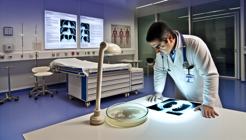 Image of a Hispanic physician in his 40s at a modern hospital in Spain, examining a chest X-ray that reveals pulmonary consolidation indicative of pneumonia. Nearby, a sputum culture shows visible bacterial colonies, highlighting the importance of laboratory tests in identifying typical pathogens. The professional setting reflects clinical expertise in pneumonia diagnosis.