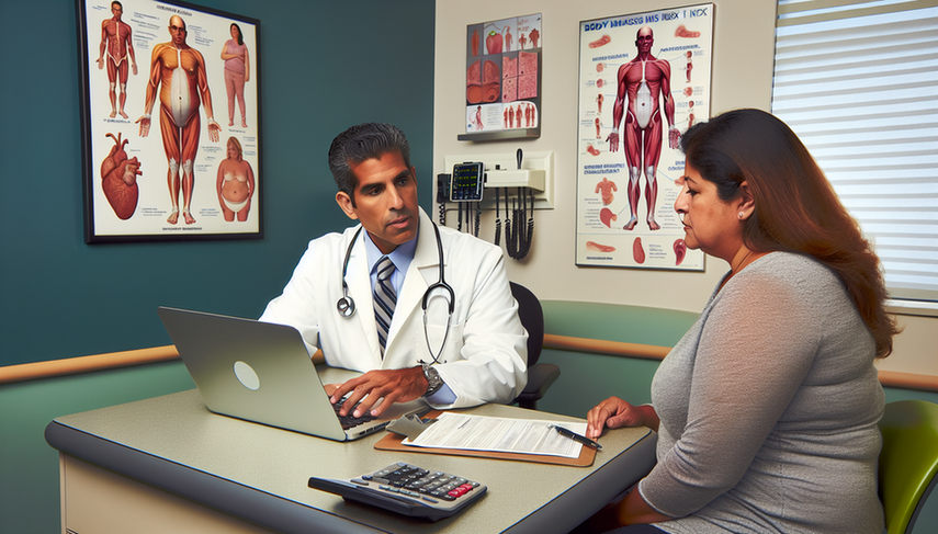 Consulta médica en una clínica moderna con un doctor hispano de unos 40 años explicando a una paciente hispana de unos 30 años. En el escritorio hay gráficos médicos y una calculadora de IMC. En el fondo, un póster sobre el índice de masa corporal y la obesidad.