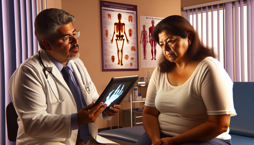 Middle-aged Hispanic woman in a modern clinic listening to a Hispanic doctor explaining the results of a DEXA scan. The doctor holds a tablet displaying a 3D image of a human skeleton, highlighting areas of bone density related to osteoporosis diagnosis and T-score. The scene conveys an atmosphere of trust and modern medical care, emphasizing the importance of assessing osteoporotic fractures and utilizing the FRAX tool.