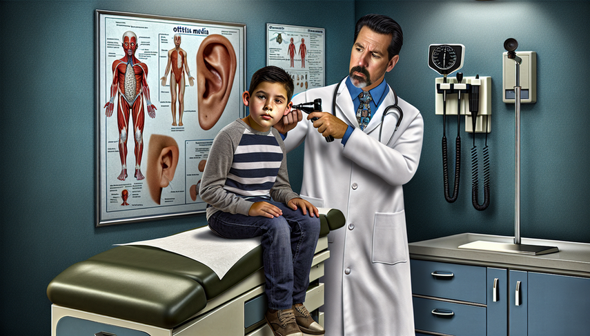 A Hispanic physician in his 40s, wearing a white coat and stethoscope, examines the ear of an 8-year-old Hispanic boy with an otoscope in a medical examination room. The child appears calm, while the physician demonstrates a professional and careful demeanor. In the background, a medical poster illustrates ear anatomy, emphasizing the significance of accurate middle ear diagnosis, particularly in identifying a bulging tympanic membrane associated with bacterial infections and ear pain.