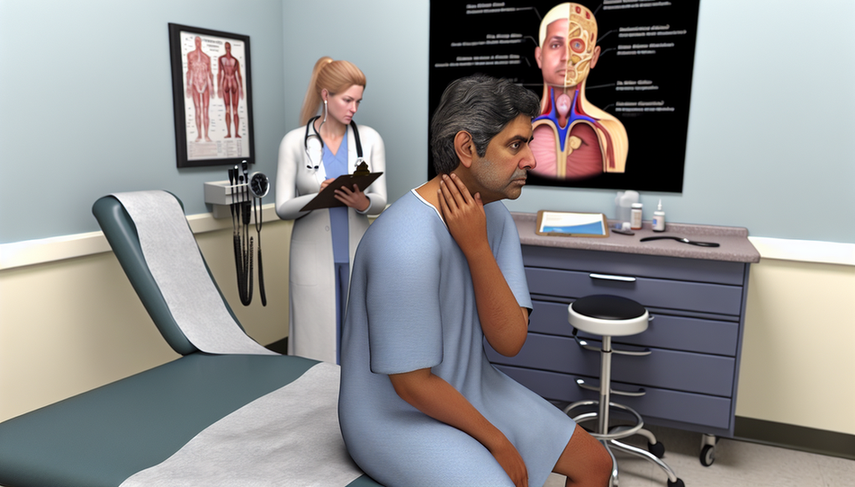 Middle-aged Hispanic patient in a medical examination room, gently touching his neck with a calm expression. In the background, a doctor reviews his medical history. The setting suggests a mumps diagnosis, highlighting parotitis and the importance of serological confirmation, including anti-mumps IgM testing, while considering potential complications like orchitis and aseptic meningitis.
