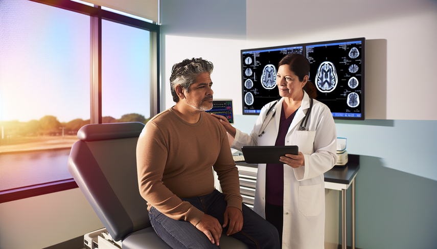 A middle-aged Hispanic patient is seated at an examination table in a modern medical room. A Hispanic female doctor, dressed in a white coat, is showing a brain scan on a tablet, highlighting relevant areas. On the wall, a large screen displays a 3D model of a human brain with highlighted neural pathways, symbolizing the use of AI in Parkinson's diagnosis. The atmosphere is professional and reassuring, reflecting advancements in clinical algorithms and neurological telemedicine for monitoring movement disorders.