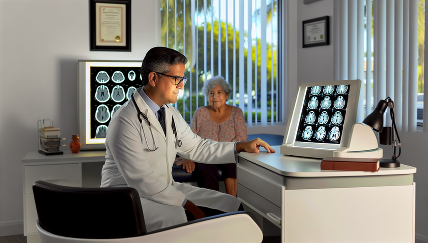 Brightly lit medical office where a middle-aged Hispanic doctor carefully examines a brain PET scan on a lightbox, highlighting areas associated with frontotemporal dementia. In the background, an older Hispanic woman observes the doctor. The scene reflects a professional and welcoming environment, emphasizing the importance of early diagnosis and differentiation from Alzheimer's disease, particularly in cases involving behavioral changes and progressive aphasia.