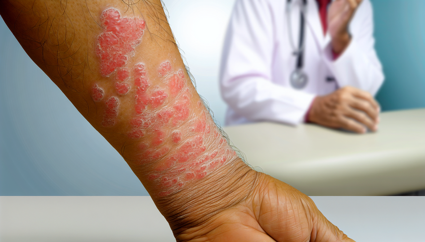 Close-up of the forearm of a middle-aged Hispanic patient with plaque psoriasis, displaying well-defined erythematous scaly plaques covered with silver scales, contrasting with the surrounding healthy skin. Educational image for psoriasis diagnosis and differentiation from other dermatitis, highlighting PASI assessment.