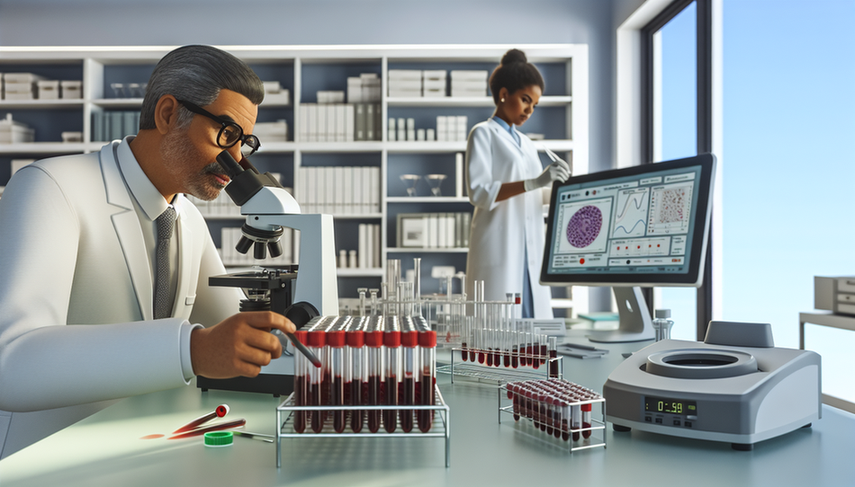 Fotografía de un laboratorio médico moderno donde un doctor hispano de unos 40 años examina una muestra de sangre bajo un microscopio, con gráficos de pruebas de sífilis en una computadora cercana. En el fondo, una técnica de laboratorio hispana en sus 30 años utiliza una pipeta. La imagen refleja un ambiente profesional y enfocado en el diagnóstico preciso de la sífilis.
