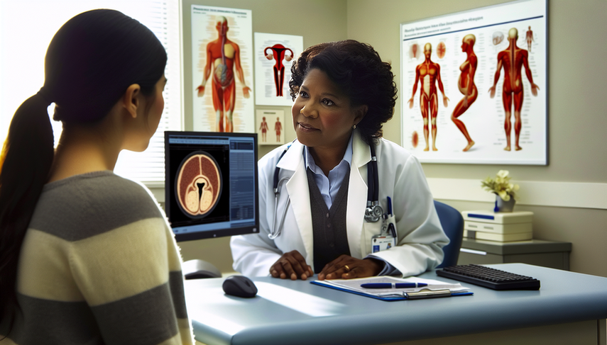 Medical consultation where a Hispanic doctor explains a Polycystic Ovary Syndrome (PCOS) diagnosis to a young patient. The doctor points to a diagram of the female reproductive system on a computer screen, emphasizing key aspects such as hyperandrogenism and oligoovulation. The patient listens attentively, demonstrating understanding. In the background, medical charts and anatomical models are visible, creating a professional atmosphere that aligns with the Rotterdam criteria for PCOS diagnosis.