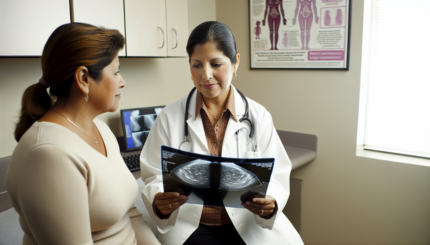 Hispanic female doctor in a medical office explaining mammography to a Hispanic patient, emphasizing the importance of early breast cancer diagnosis and the initial symptoms. Educational posters about breast cancer are visible in the background, highlighting clinical breast examination and breast ultrasound.