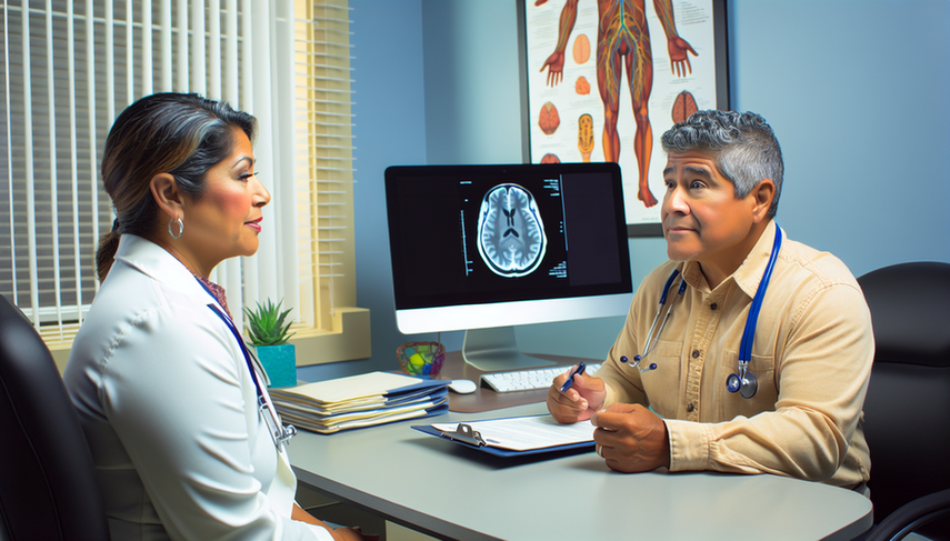 A middle-aged Hispanic man in a modern medical consultation, attentively listening to a Hispanic female doctor holding a clipboard and wearing a stethoscope. On the desk, a computer displays a brain scan image, and a poster of the nervous system is on the wall. The scene reflects a professional and calm medical consultation focused on the early diagnosis of Parkinson's, essential tremor, muscle rigidity, and the differentiation of parkinsonism using the DaTscan test.