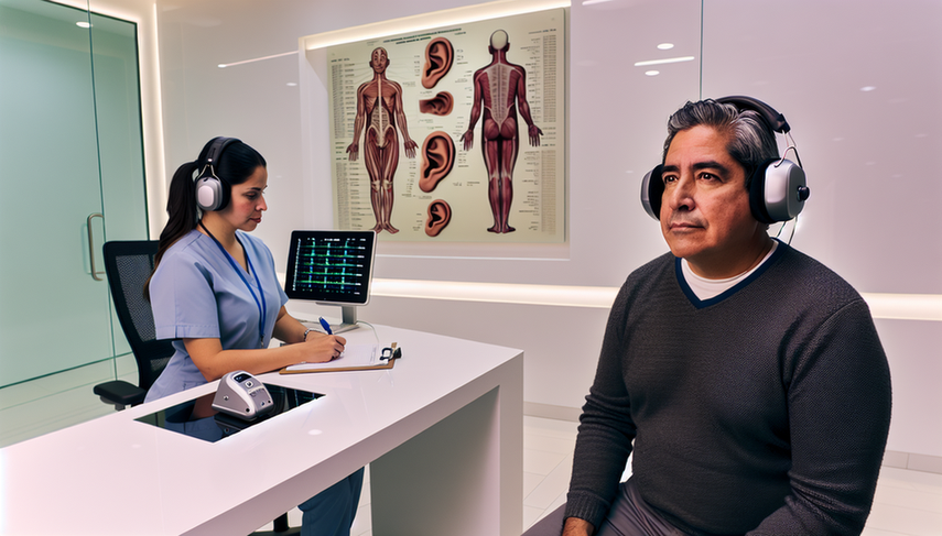 Middle-aged Hispanic man in a modern audiology clinic, wearing headphones connected to an audiometer. A Hispanic audiologist takes notes while conducting an audiometric test for tinnitus diagnosis. On the wall, a diagram of the human ear in English and a digital screen display audiometric test results, highlighting the importance of hearing loss screening and otological causes.