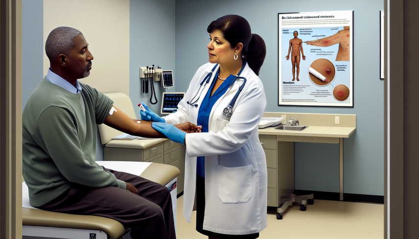 Image of a modern clinic where a Hispanic female doctor in her 40s is performing a tuberculin test (Mantoux) on a Hispanic male patient in his 30s. In the background, a medical poster illustrates the IGRA test process and acid-fast bacilli identification. The image emphasizes the importance of accurate tuberculosis diagnosis, including chest X-ray and gamma interferon testing.