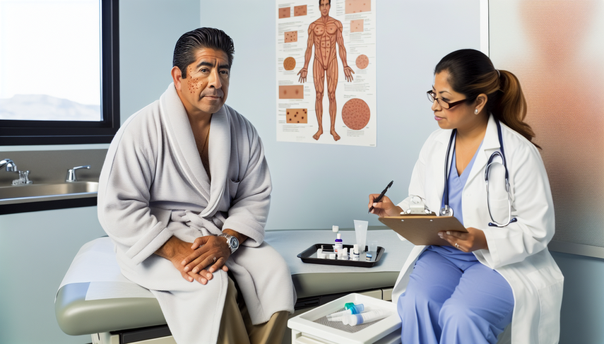 A middle-aged Hispanic patient in a modern medical examination room, wearing a light blue hospital gown, describes his symptoms to a Hispanic doctor who is taking notes. On the wall, a diagram of human skin highlights areas affected by hives. Nearby, allergy testing equipment emphasizes the importance of medical history and skin tests in the diagnosis of acute vs chronic urticaria.