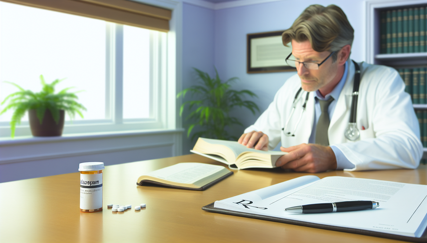 Oficina de médico bien iluminada con un enfoque en un escritorio de madera. Sobre el escritorio, un libro de texto médico abierto en una página sobre farmacología con una sección destacada sobre diazepam. Al lado, un frasco de vidrio etiquetado 'Diazepam' con algunas pastillas blancas visibles. En el fondo, un médico caucásico de unos 40 años, con bata blanca y gafas, observa el libro con expresión tranquila y profesional. La imagen transmite un ambiente de práctica médica responsable.
