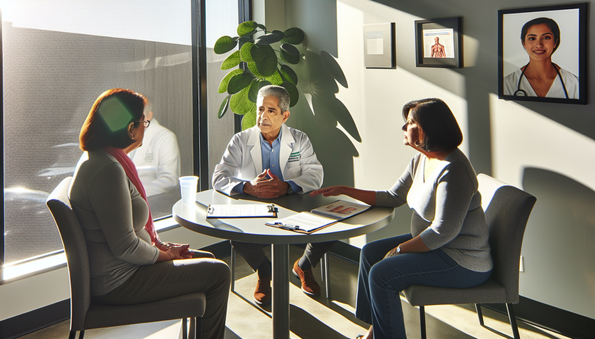 Un médico hispano de mediana edad con expresión amable conversa con una pareja hispana mayor en una oficina médica moderna. La pareja, vestida de manera casual, participa activamente en la conversación, lo que refleja un ambiente de comunicación abierta y confianza. En la mesa hay folletos y un vaso de agua, sugiriendo una discusión sobre directivas avanzadas y planificación anticipada. La luz natural y una planta en el fondo añaden calidez al entorno.