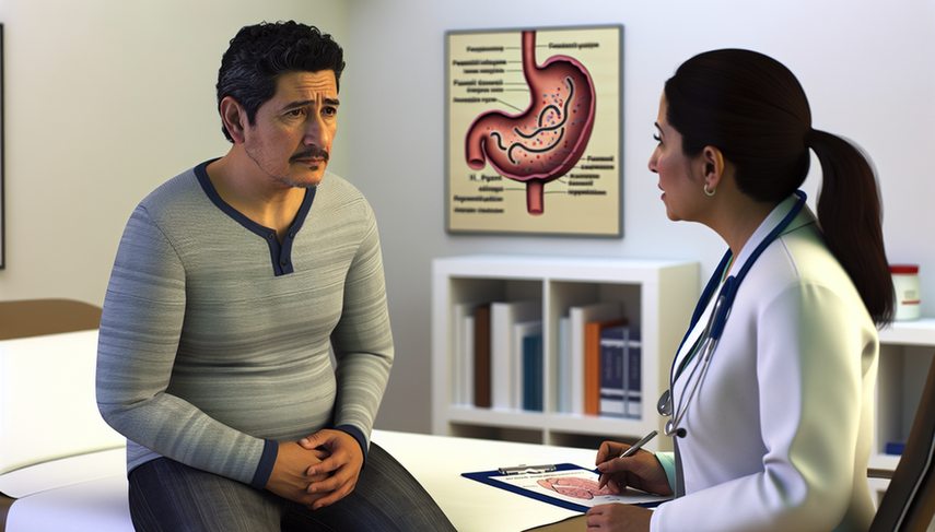 A middle-aged Hispanic man with a thoughtful and concerned expression listens to a Hispanic female doctor in her office. The doctor explains using a diagram of the stomach that highlights areas related to functional dyspepsia and H. pylori infection. The professional and calm environment suggests a collaborative discussion about chronic dyspepsia symptoms and eradication treatment options.