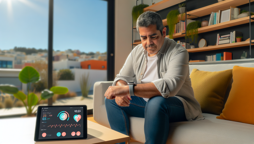 Middle-aged Hispanic man sitting on a modern sofa, wearing a smartwatch displaying health data. On the table, a tablet shows health metrics such as blood pressure and glucose levels, illustrating the use of wearable devices for chronic disease monitoring and remote tracking through health apps in the IoT ecosystem.