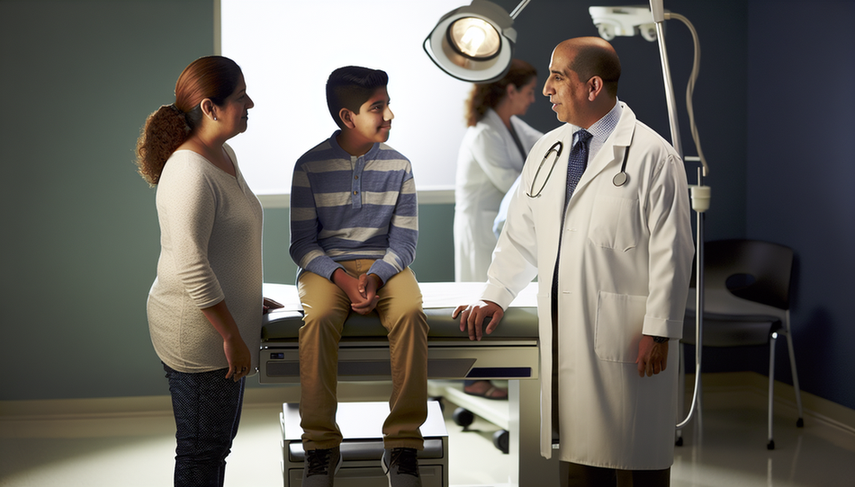 Medical consultation in a modern hospital featuring a Hispanic doctor explaining a diagnosis of Becker muscular dystrophy to an adolescent and their mother. The focus is on empathetic communication, with a muscle biopsy diagram on the wall, highlighting the inheritance pattern and providing context for comparison with Duchenne muscular dystrophy and the importance of cardiorespiratory evaluation.