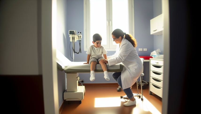 Consultorio pediátrico en España con un niño español de 8 años sentado en una camilla mientras una pediatra examina sus piernas. En la pared, un cartel anatómico del sistema muscular. El ambiente resalta la importancia de la detección temprana y diferenciación de distrofias musculares como Duchenne y Becker.
