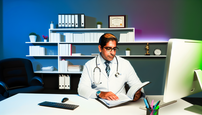 A Hispanic physician in his 40s, wearing a white coat and glasses, carefully reviews a medical record in a modern, well-lit office. The desk features a computer, a stethoscope, and medical books. In the background, a shelf holds medical literature and a framed certificate. This image emphasizes the critical role of effective clinical documentation in preventing malpractice claims and understanding legal responsibilities in medical practice.