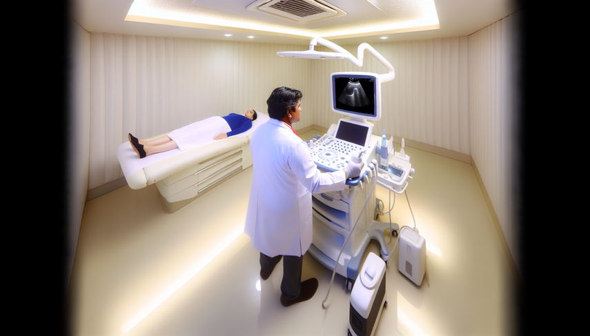Modern medical examination room featuring a Hispanic physician in his 40s using a portable ultrasound device on a Hispanic female patient in her 30s. In the background, a high-resolution ultrasound machine displays a detailed image. The setting highlights advanced technology and immediate diagnosis at the point-of-care.