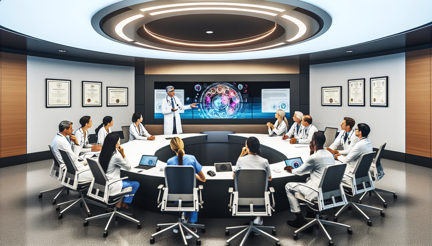 Un grupo diverso de profesionales médicos participa en una sesión de aprendizaje colaborativo en una sala de conferencias moderna y bien iluminada. Un hombre hispano de mediana edad, vestido con una bata blanca, presenta un infográfico sobre educación médica en una pantalla digital. La sala está equipada con tecnología avanzada, sugiriendo un entorno de aprendizaje híbrido. La atmósfera refleja enfoque y entusiasmo por la educación médica continua y el desarrollo profesional.